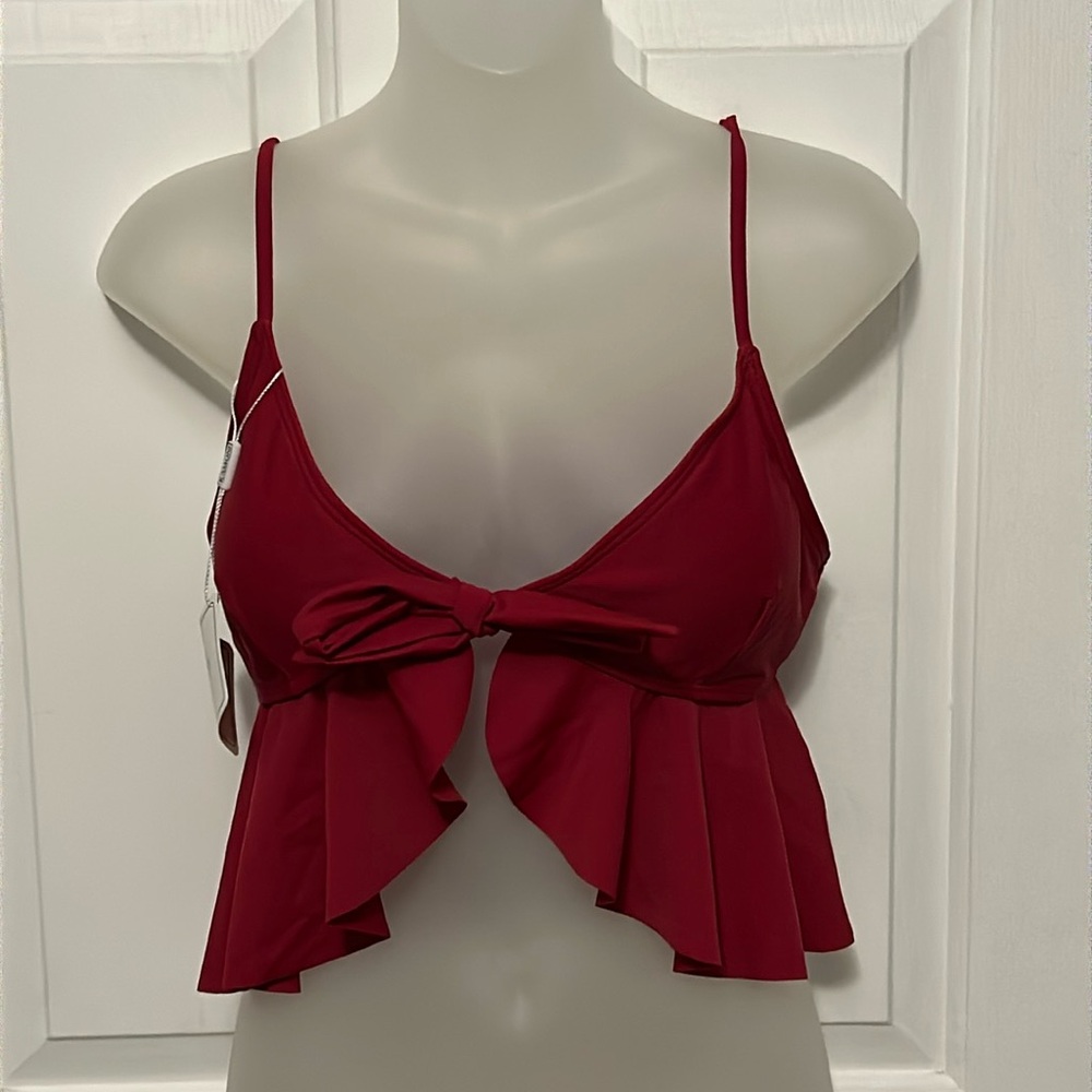 Kamoni Sz Large Red ruffled tie front SWIM Top adjustable straps NWT B131